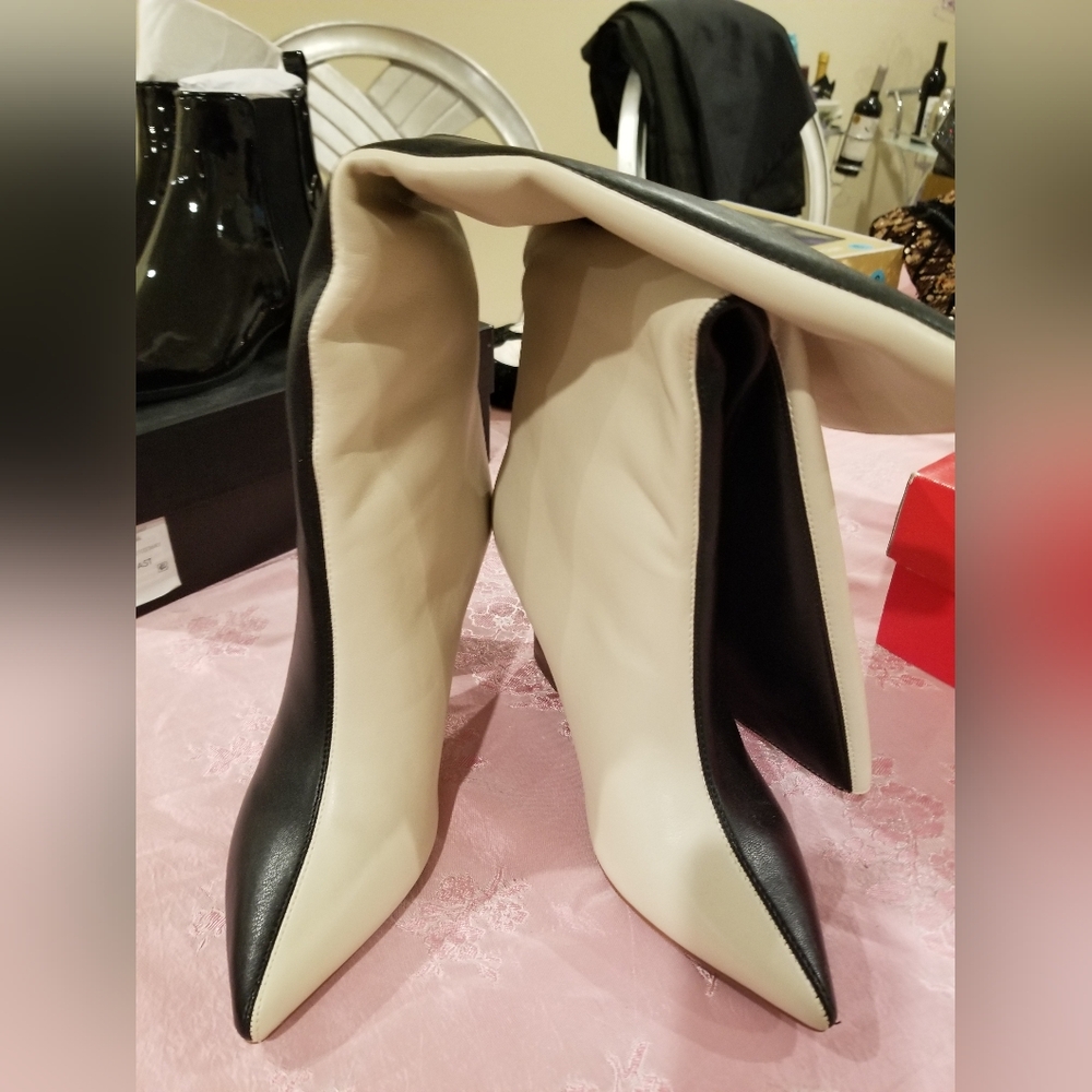 Black and Cream Pointed Toe Heeled Boots